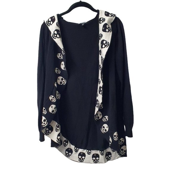 Hot Topic Black & White Skull Goth Punk Ruffle Hooded Cardigan Size Large - Picture 3 of 11